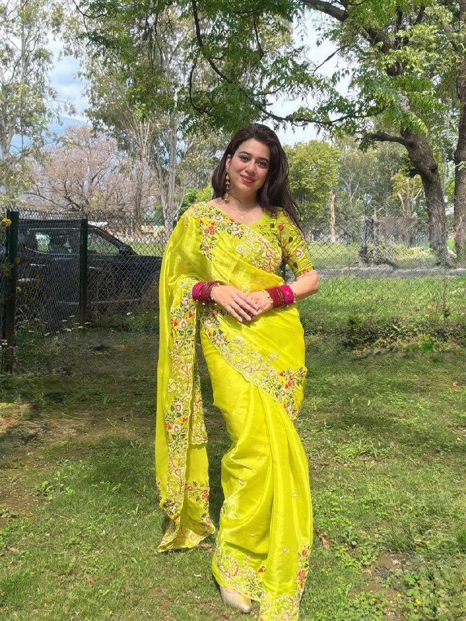 Zimmy Chu Silk Saree, Embroidery Sequins Work, Cutwork Border, Festive Wear