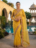 Yellow Chiffon Silk Saree, Heavy Embroidery, Cutwork Border, Festive Wedding Wear