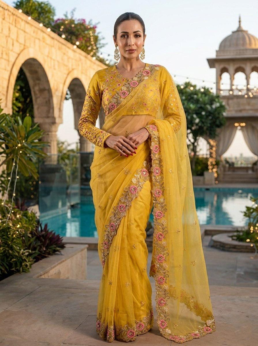 Yellow Chiffon Silk Saree, Heavy Embroidery, Cutwork Border, Festive Wedding Wear