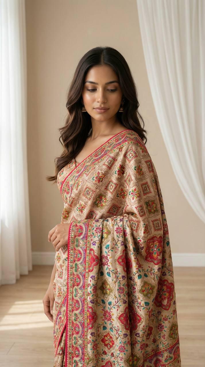 Roman Silk Ajrakh Saree, Real Mirror Work, Festive Wedding Wear, Ethnic Designer Sari