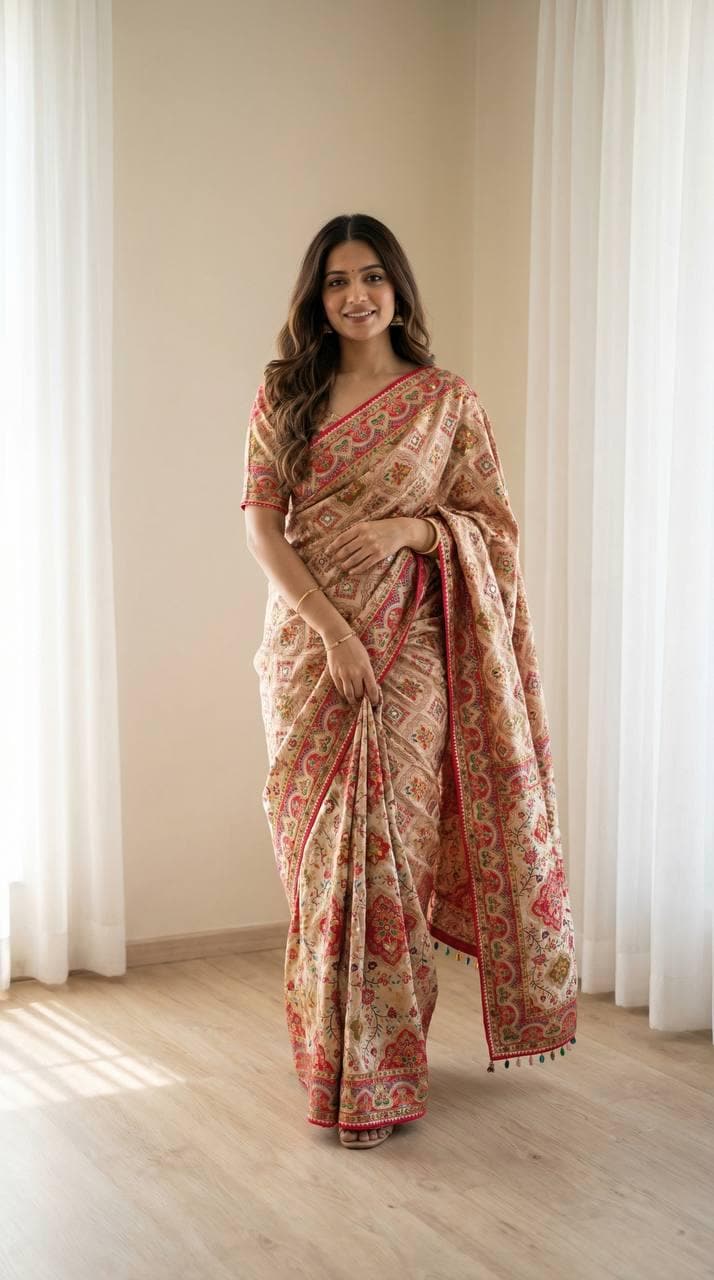 Roman Silk Ajrakh Saree, Real Mirror Work, Festive Wedding Wear, Ethnic Designer Sari