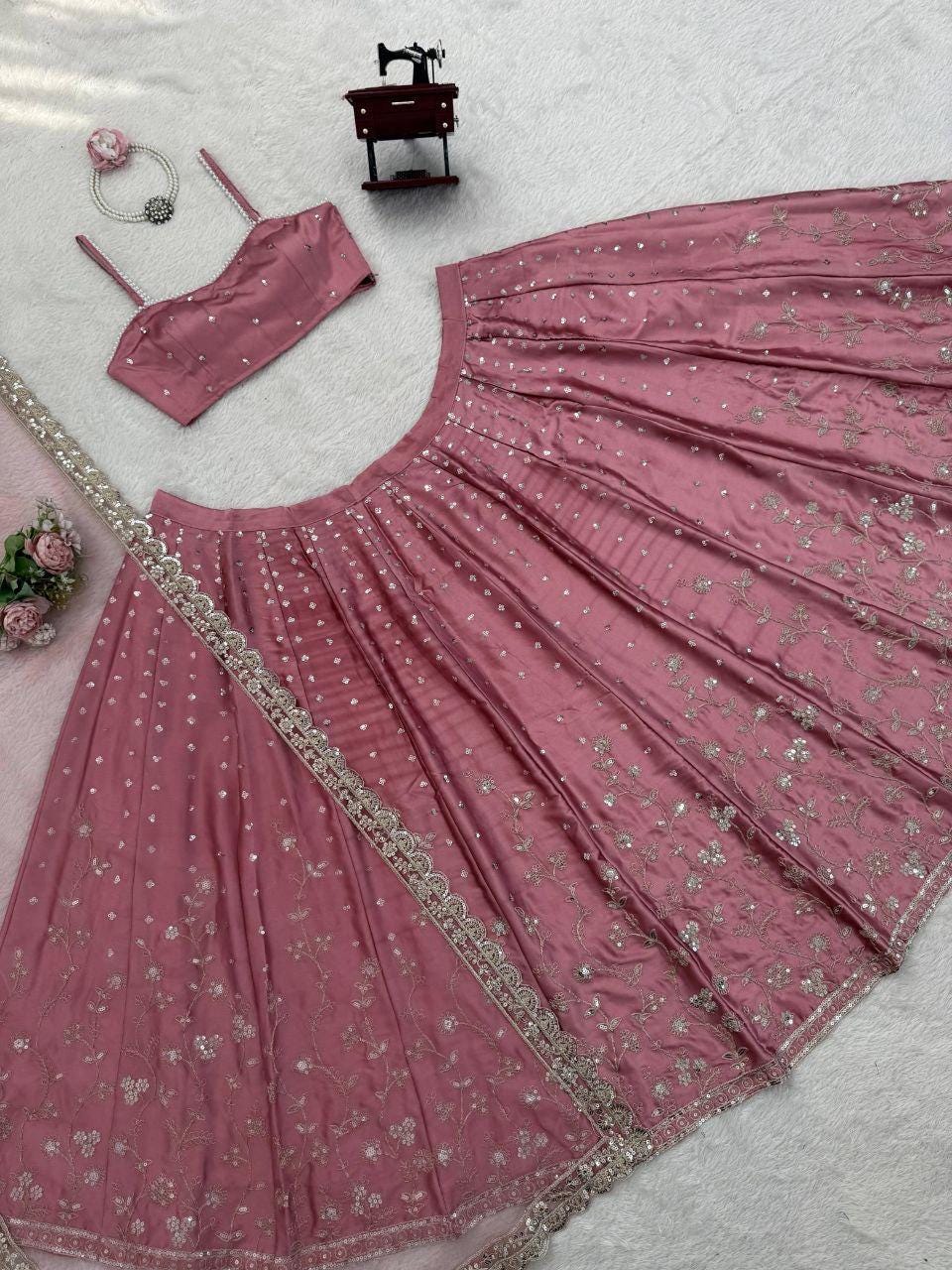 Japan Satin Lehenga Choli Set, Sequins Dori Work, Bridal Wedding Party Wear Fully Stitched