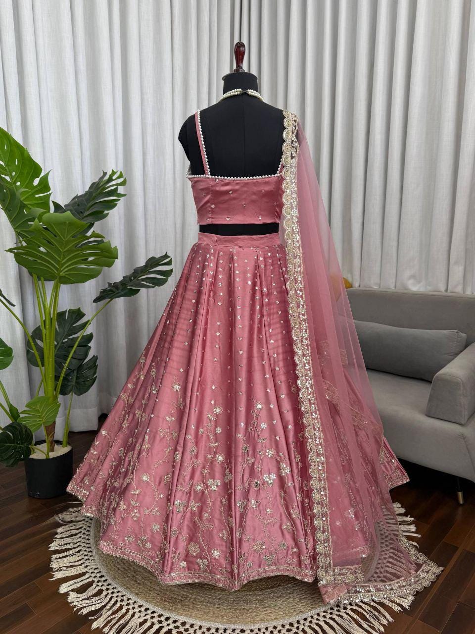 Japan Satin Lehenga Choli Set, Sequins Dori Work, Bridal Wedding Party Wear Fully Stitched