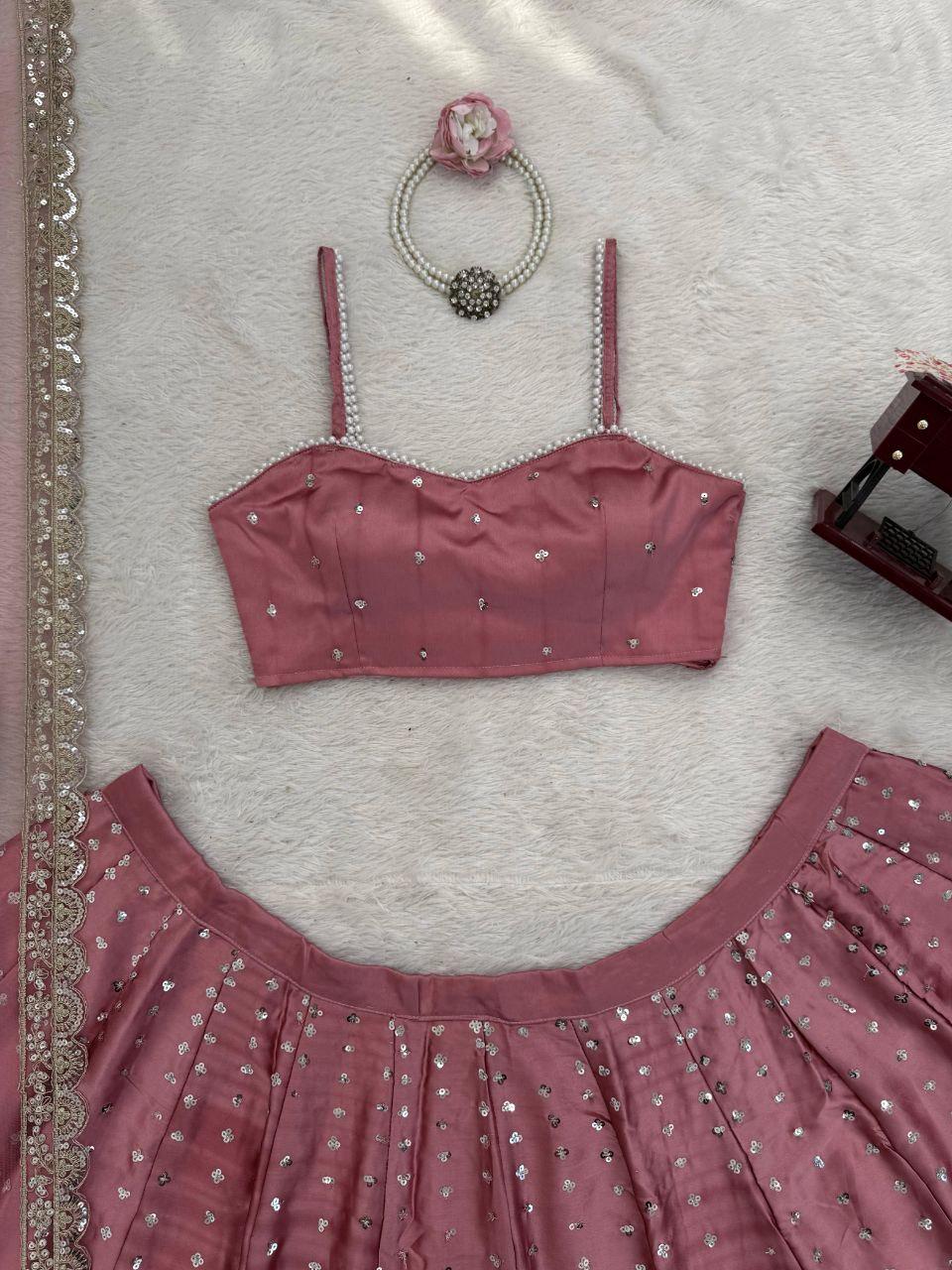 Japan Satin Lehenga Choli Set, Sequins Dori Work, Bridal Wedding Party Wear Fully Stitched