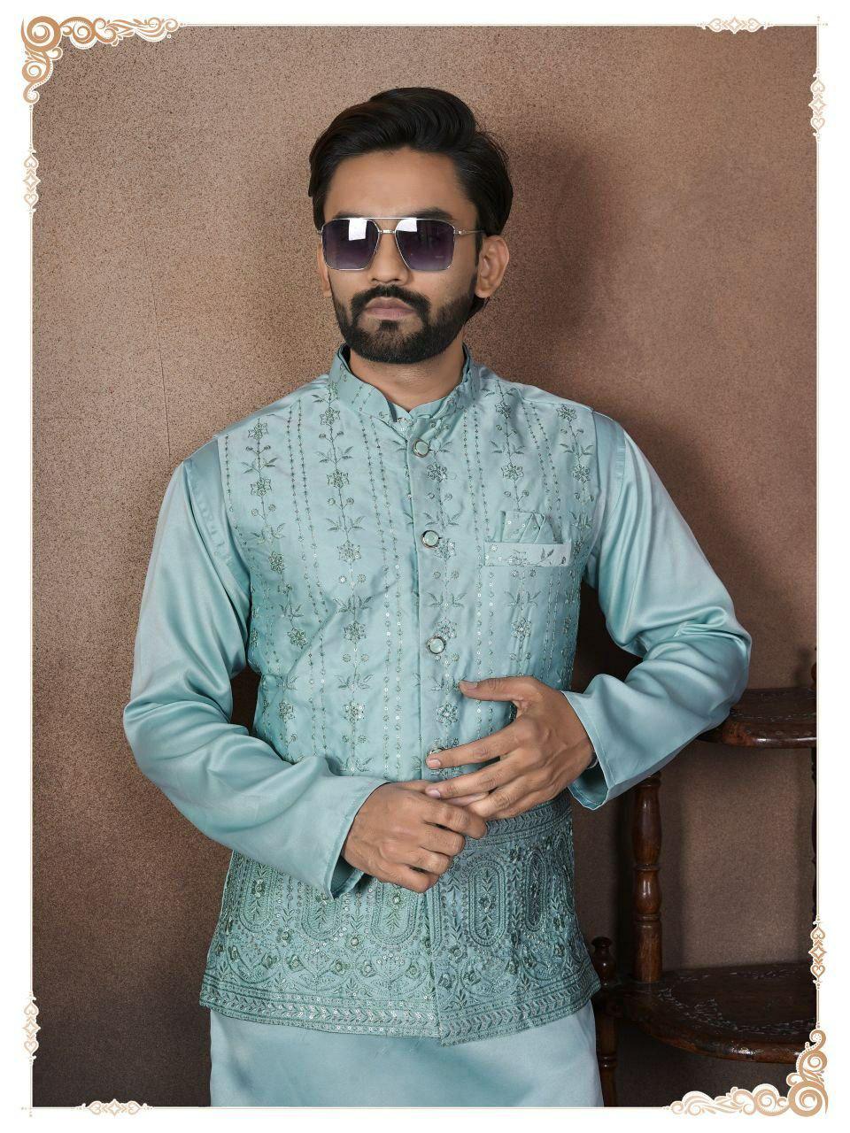 Men's Malai Satin Kurta Koti Pyjama Set, Wedding Ethnic Party Wear