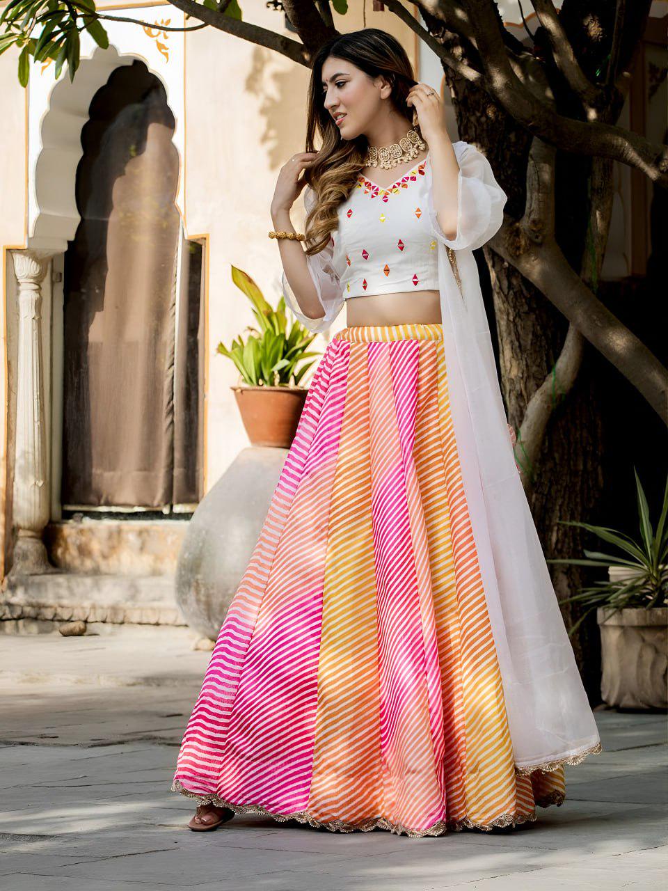 Multicolor Leheriya Lehenga Choli, Mirror Work Art Silk Festive Set, Organza Dupatta