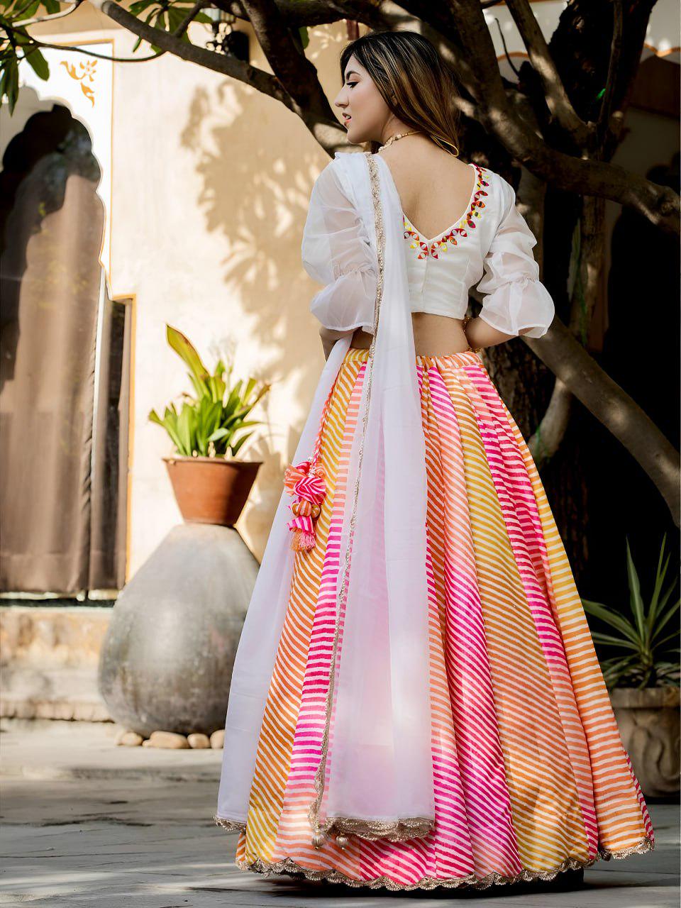 Multicolor Leheriya Lehenga Choli, Mirror Work Art Silk Festive Set, Organza Dupatta