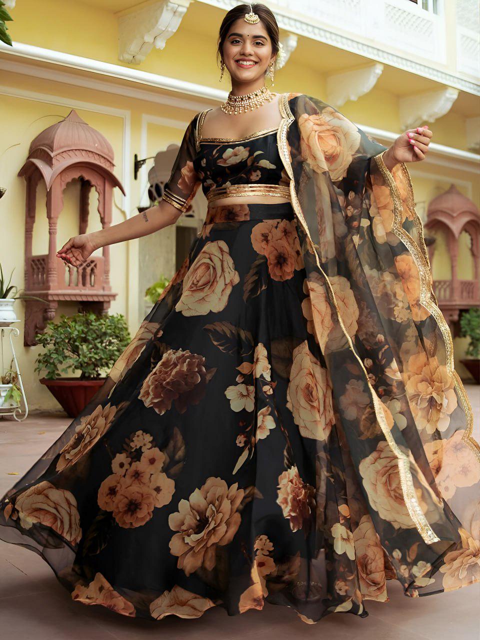 Black Floral Organza Lehenga Choli, Gota Patti Work, Semi-Stitched A-Line Set