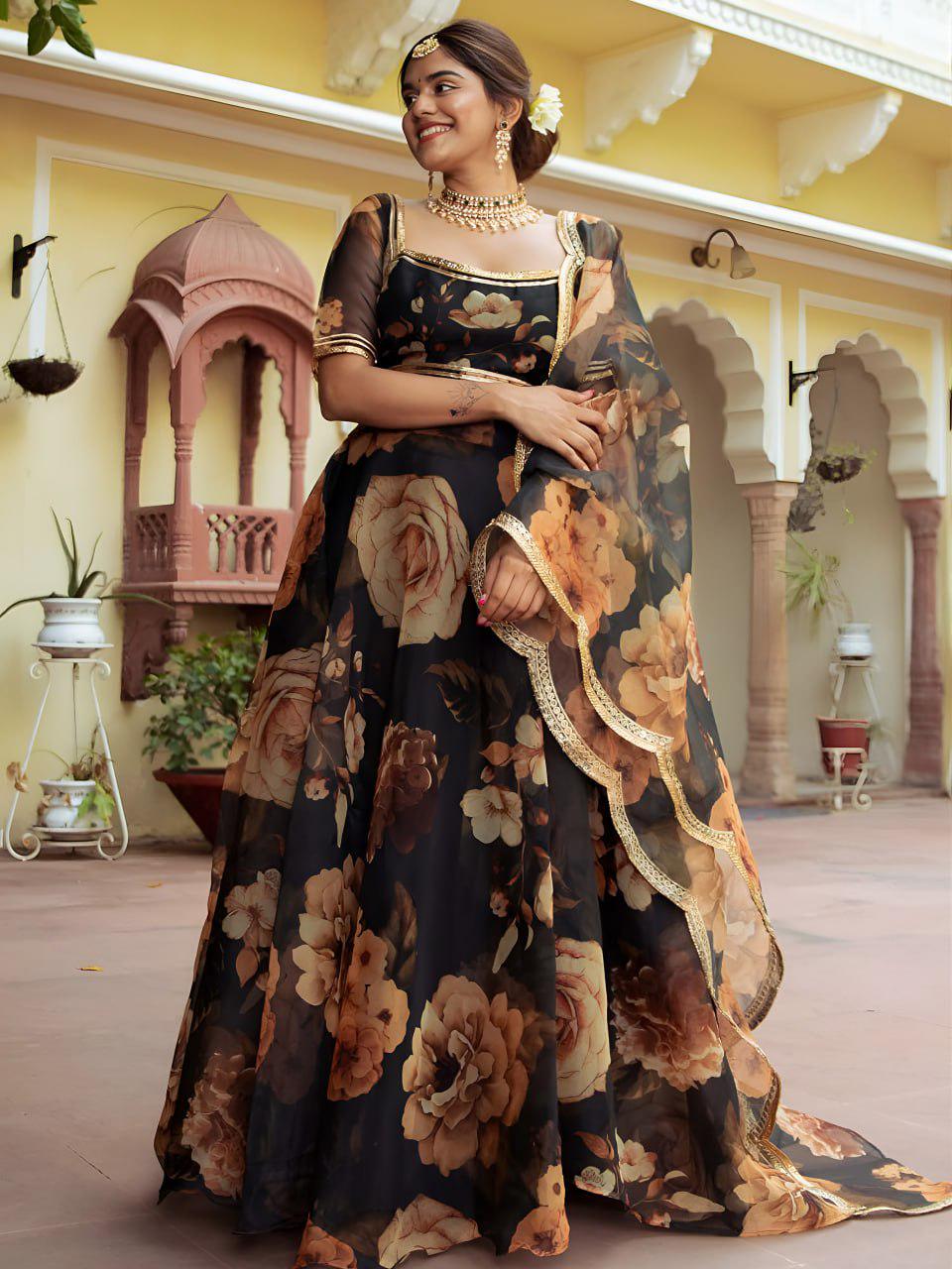 Black Floral Organza Lehenga Choli, Gota Patti Work, Semi-Stitched A-Line Set