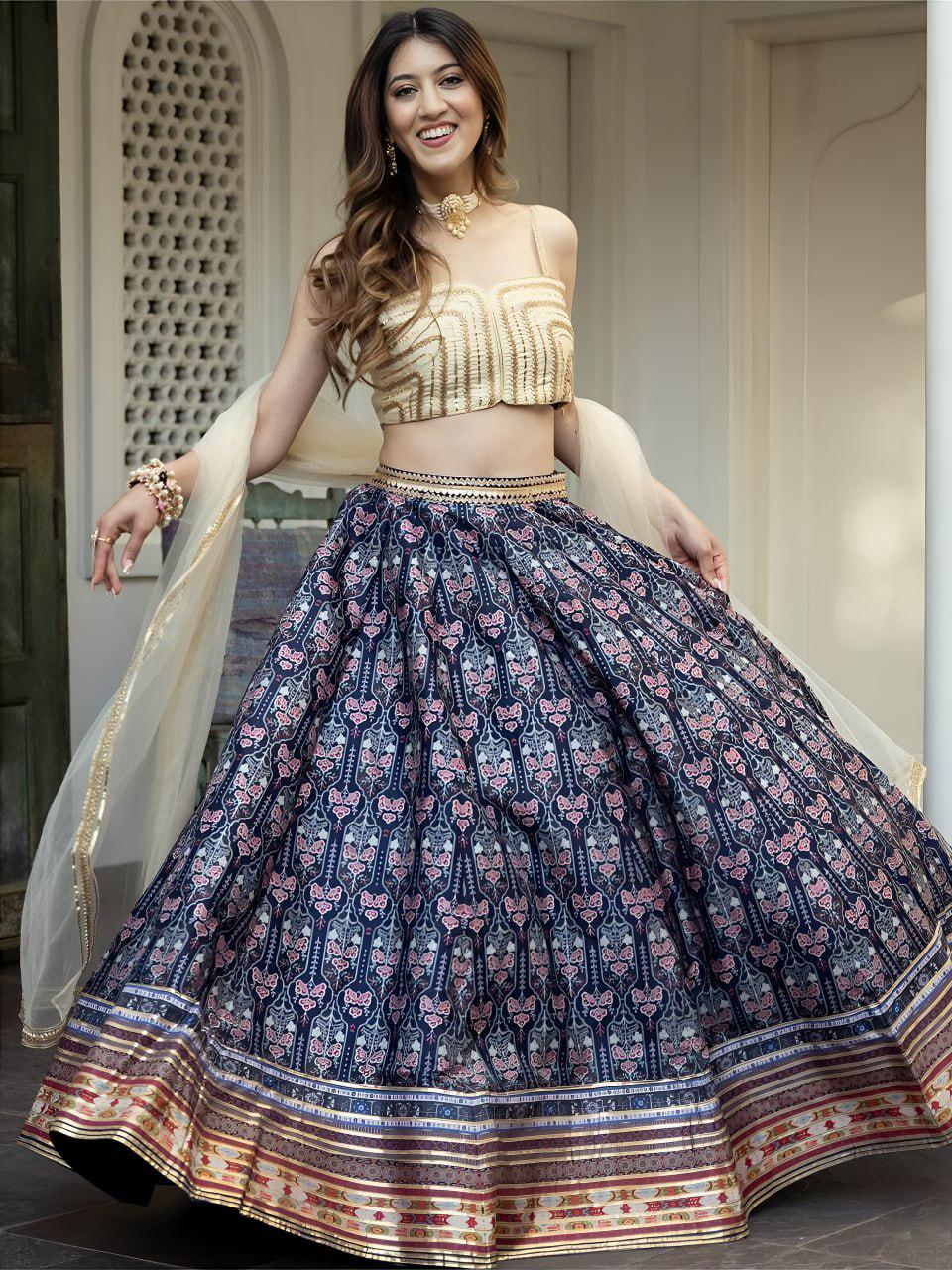 Navy Blue Art Silk Lehenga Choli, Gota Patti Floral Print, Semi Stitched Set