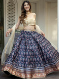 Navy Blue Art Silk Lehenga Choli, Gota Patti Floral Print, Semi Stitched Set