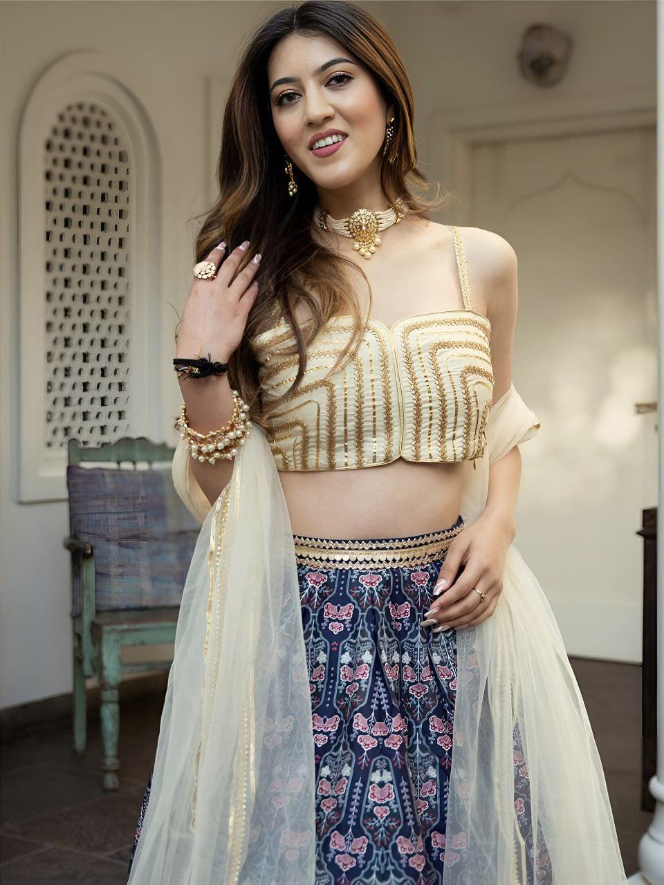 Navy Blue Art Silk Lehenga Choli, Gota Patti Floral Print, Semi Stitched Set