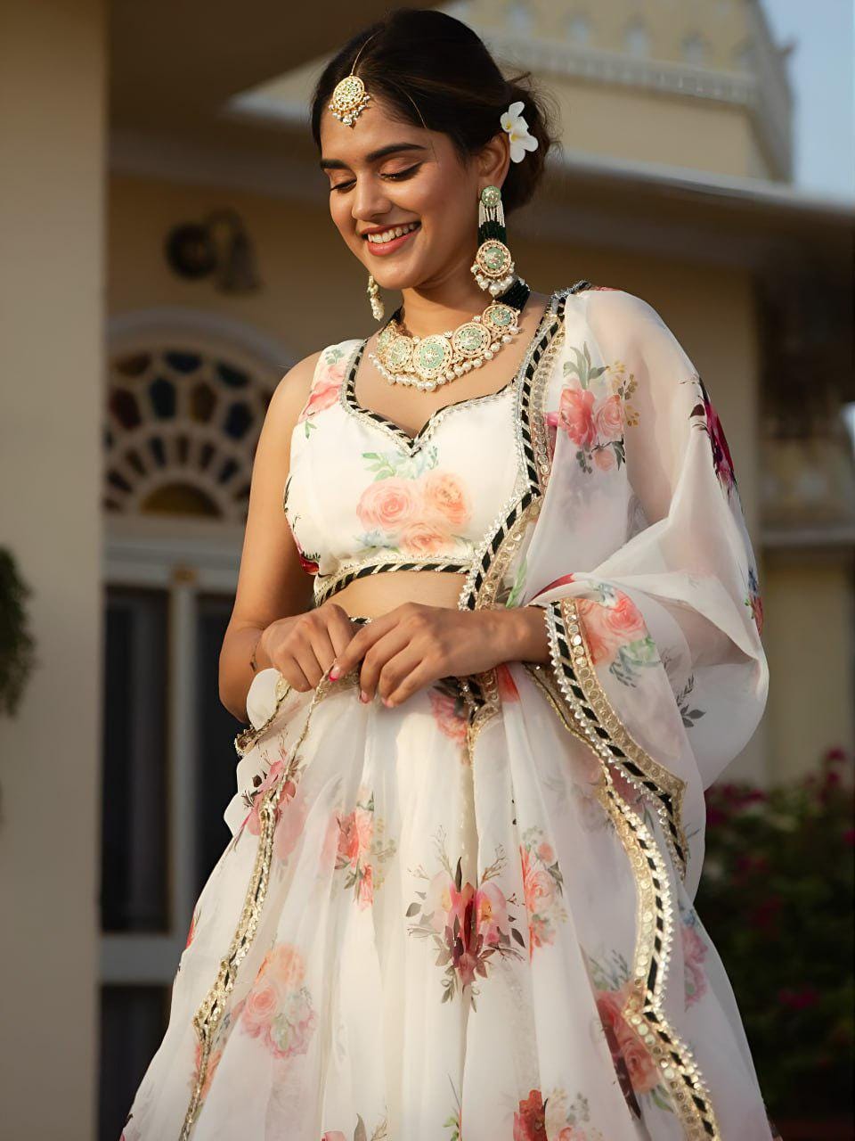 White Floral Organza Lehenga Choli Set with Gota Lace Embroidery