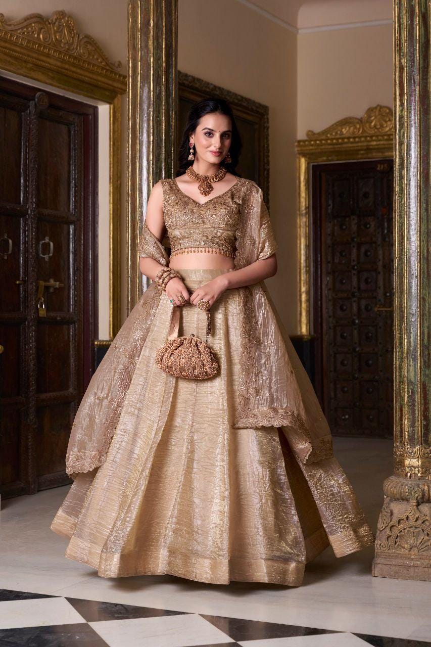 Gold Crush Lehenga Choli Set, Sequins Embroidered Blouse, 5 Meter Flare Wedding Lehenga