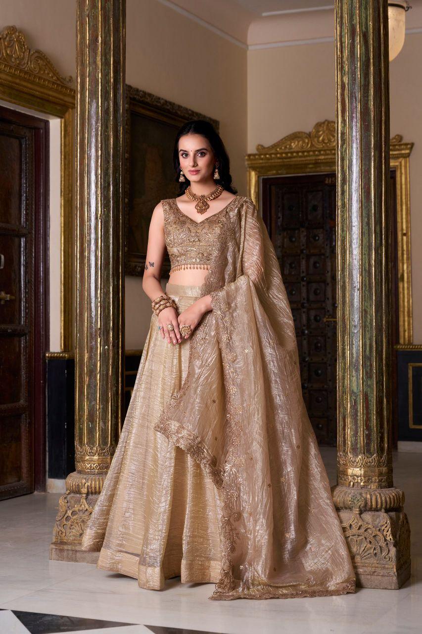 Gold Crush Lehenga Choli Set, Sequins Embroidered Blouse, 5 Meter Flare Wedding Lehenga