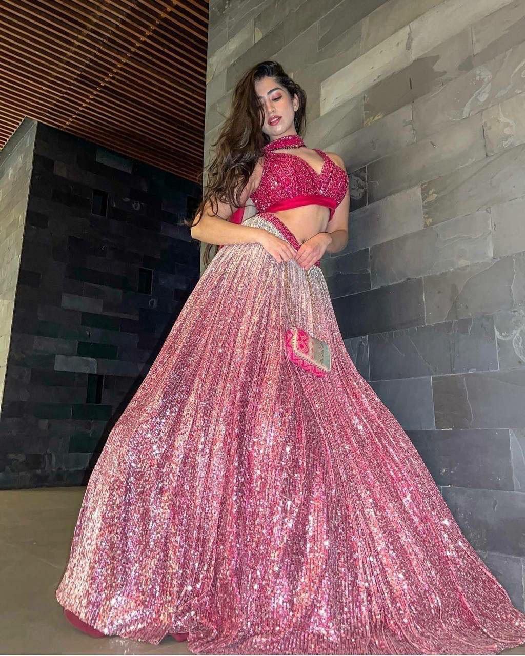Satin Silk Lehenga Choli, Sequins Work, Bridal Wedding Festive Wear Net Dupatta