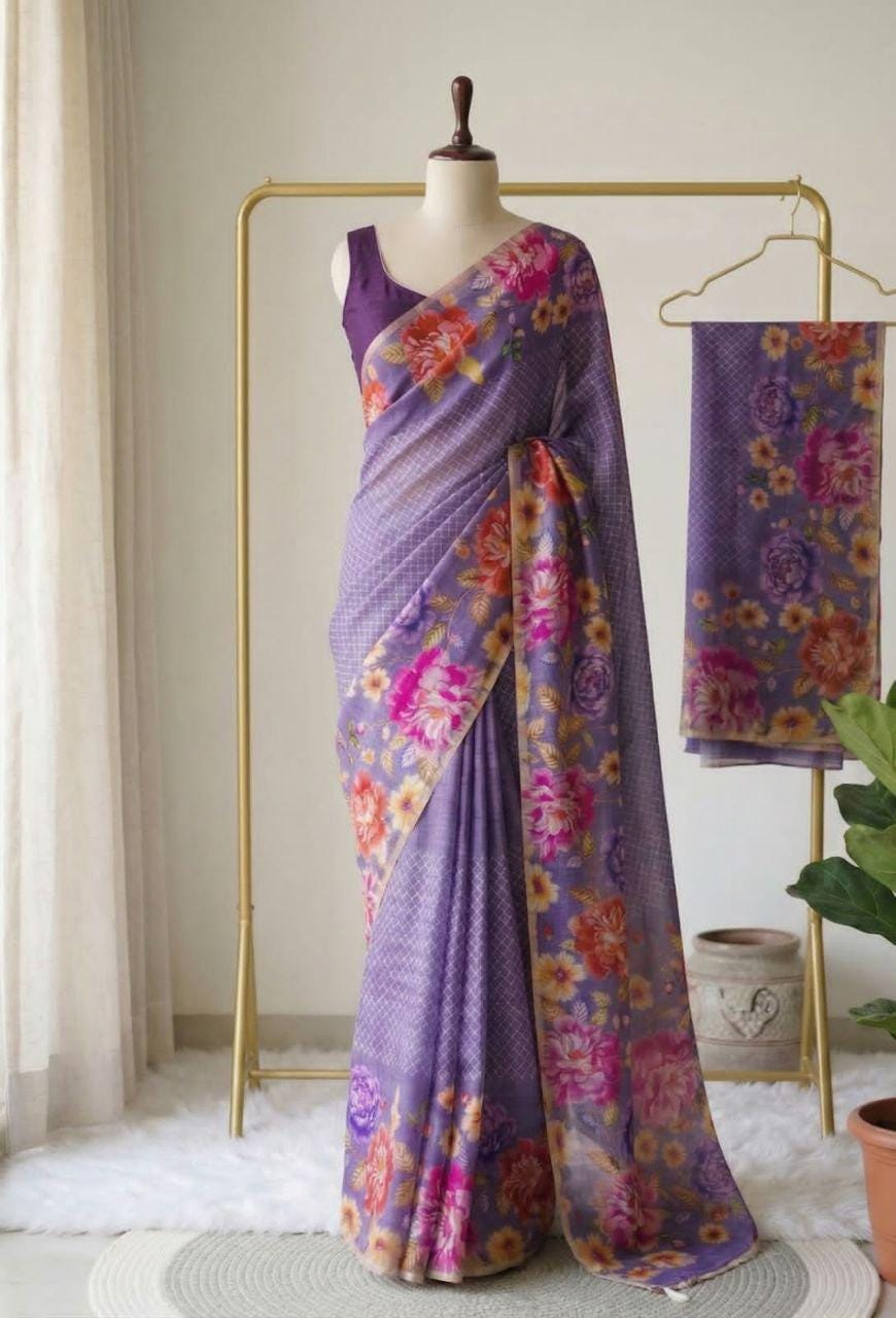Linen Tissue Floral Print Saree with Running Blouse, Lightweight Casual Ethnic Wear