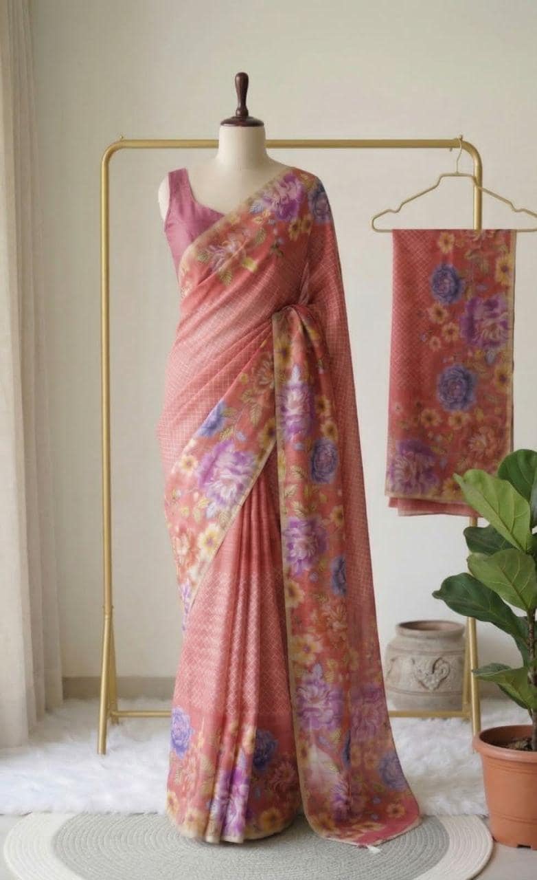 Linen Tissue Floral Print Saree with Running Blouse, Lightweight Casual Ethnic Wear