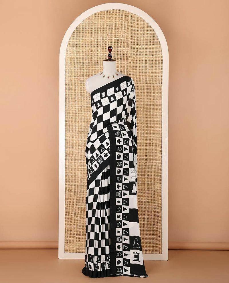 Ajrak Printed Crepe Satin Saree, Batik Check Blouse, Festive Casual Wear