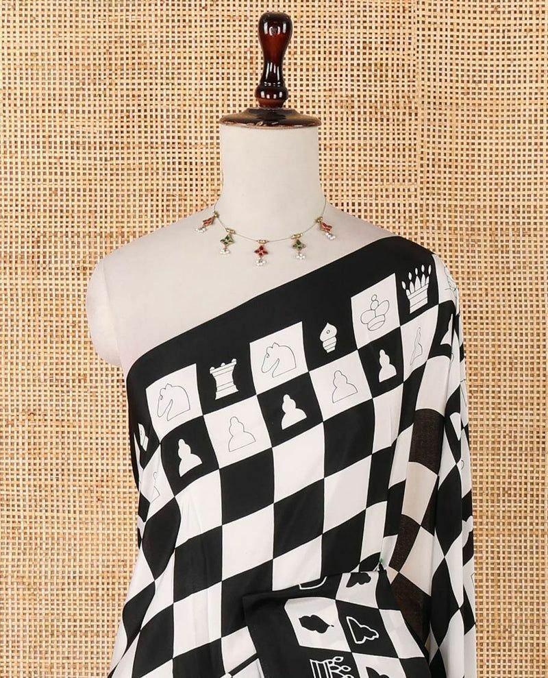 Ajrak Printed Crepe Satin Saree, Batik Check Blouse, Festive Casual Wear