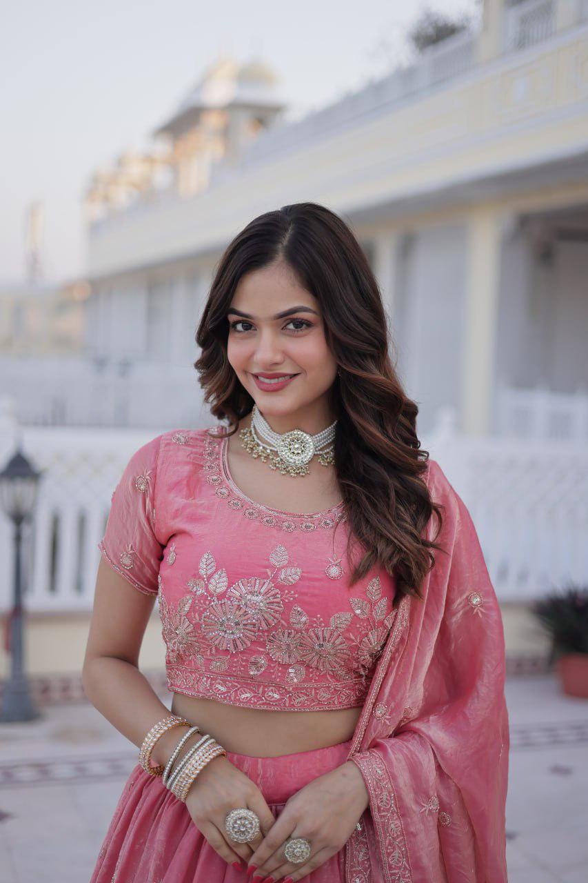 Fendi Silk Lehenga Choli Set, Sequins Zari Embroidery, Fully Stitched Wedding Outfit