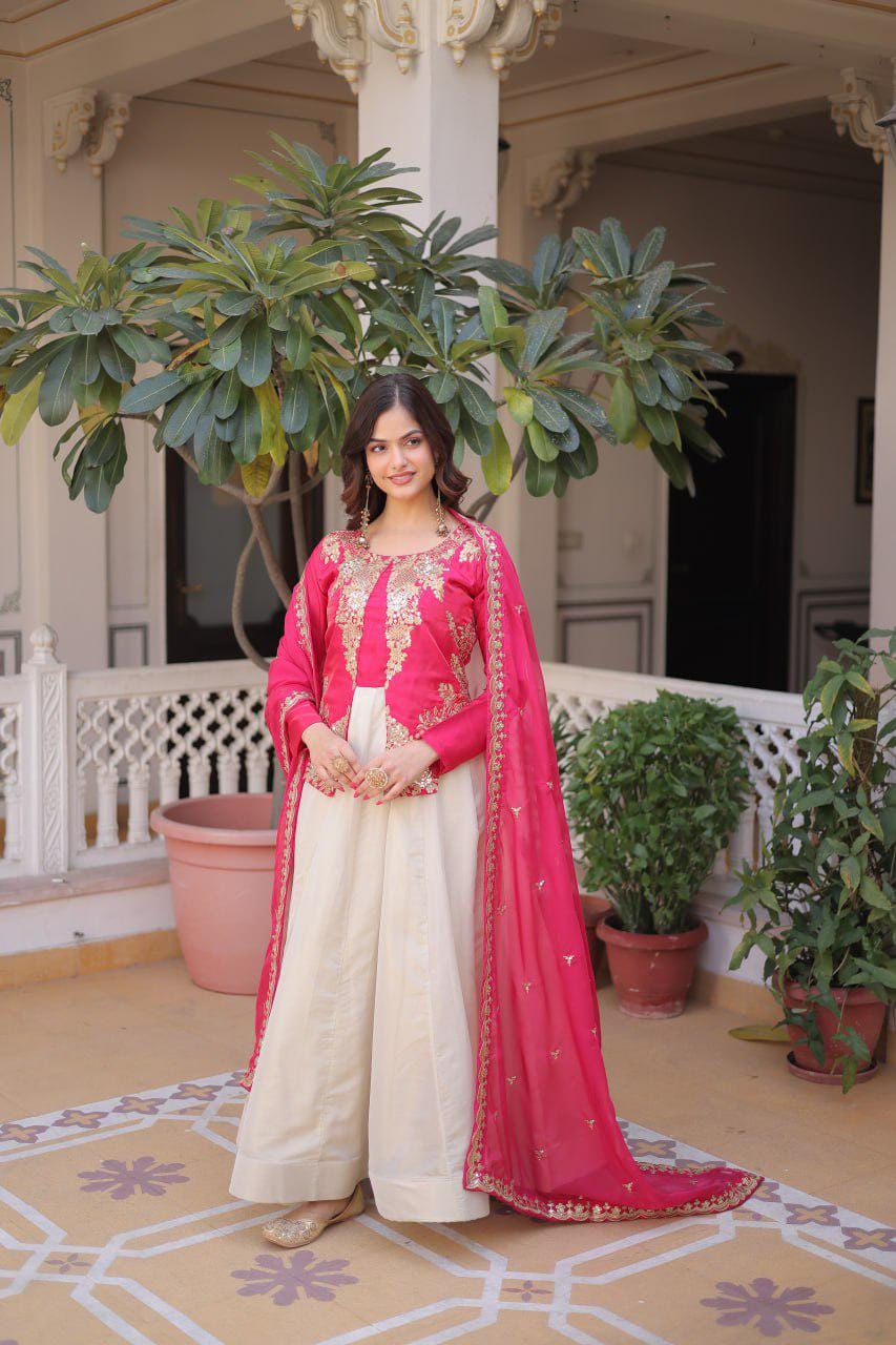 Glass Roman Anarkali Gown Set, Sequins Embroidery, Tabby Silk Dupatta, Festive Wear