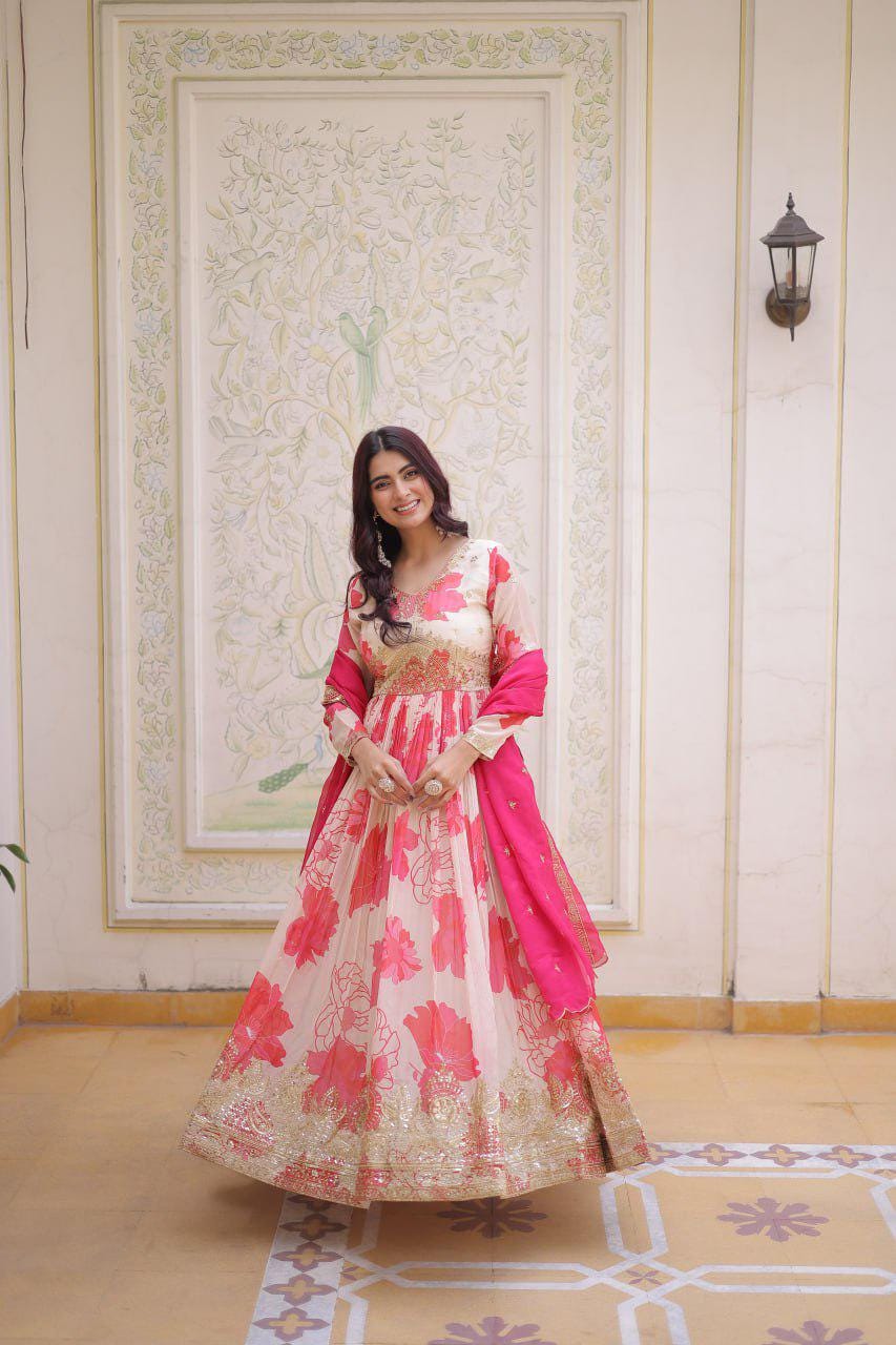 Russian Silk Anarkali Gown, Digital Print, Zari Sequins Embroidery, Flared Ethnic Dress