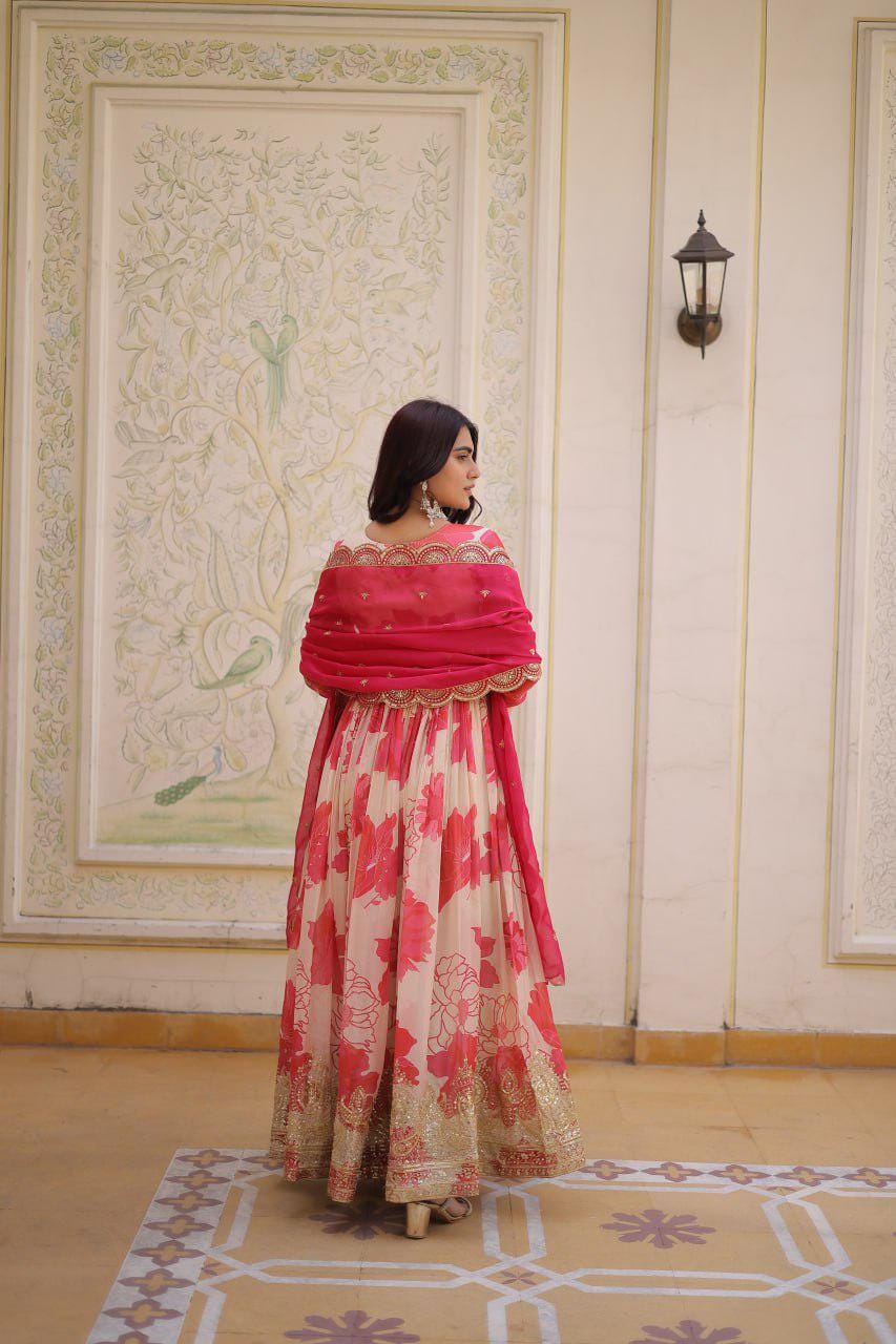 Russian Silk Anarkali Gown, Digital Print, Zari Sequins Embroidery, Flared Ethnic Dress