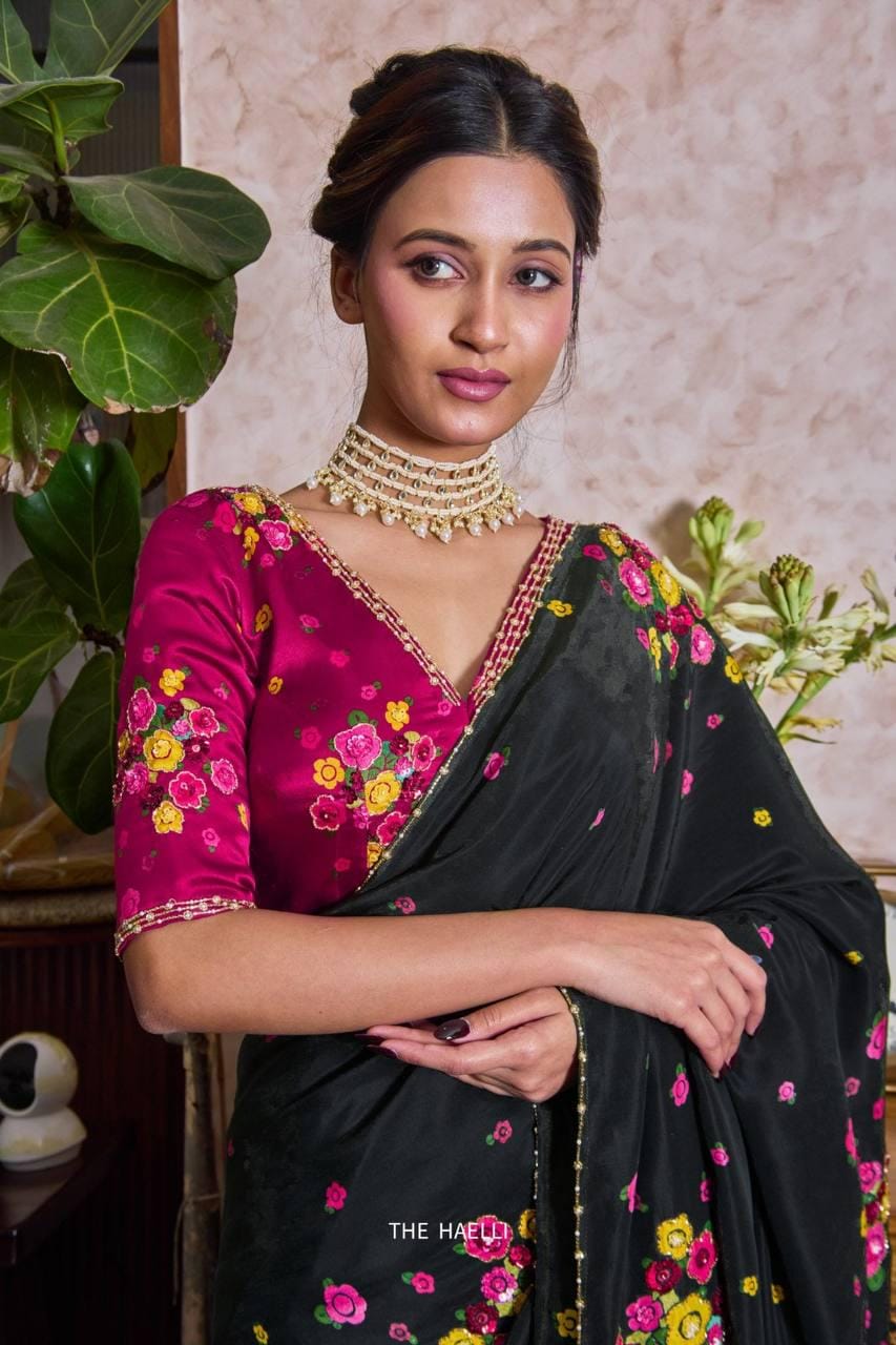Floral Print Tabi Saree with Cut Dana Handwork, Summer Party Wear Chinon Blouse