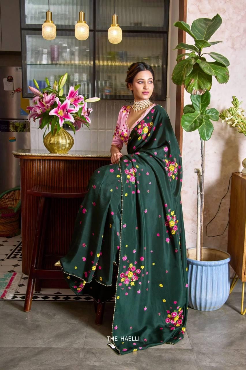 Floral Print Tabi Saree with Cut Dana Handwork, Chinon Blouse, Summer Party Wear