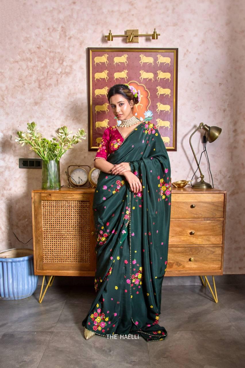Floral Print Tabi Saree with Cut Dana Handwork, Chinon Blouse, Summer Party Wear