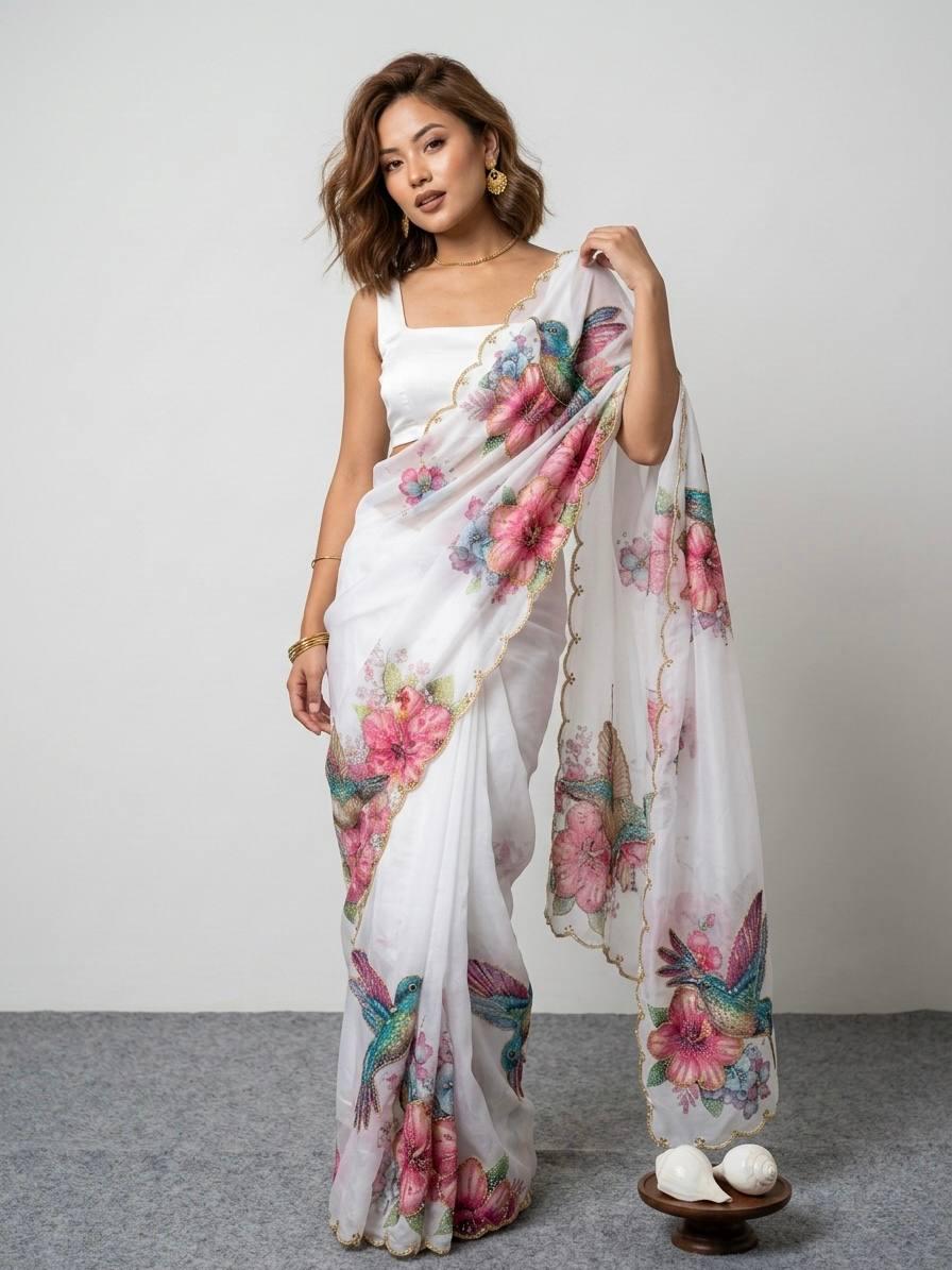 Floral Sparrow Print Soft Tabby Silk Saree, Khatli Cut Dana Handwork, Jalpari Blouse