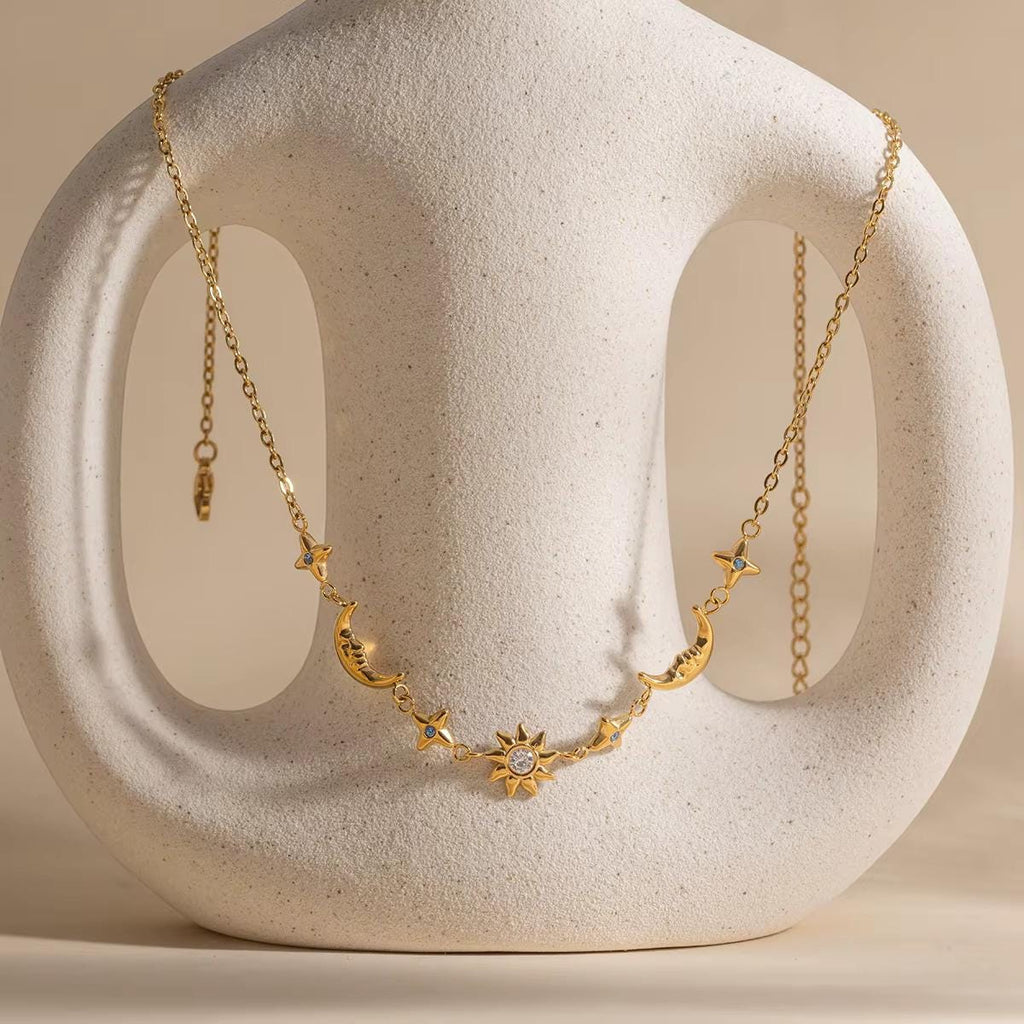 Gold Sun Moon Star Necklace, Celestial Charm, Stainless Steel, Waterproof Astrology Jewelry
