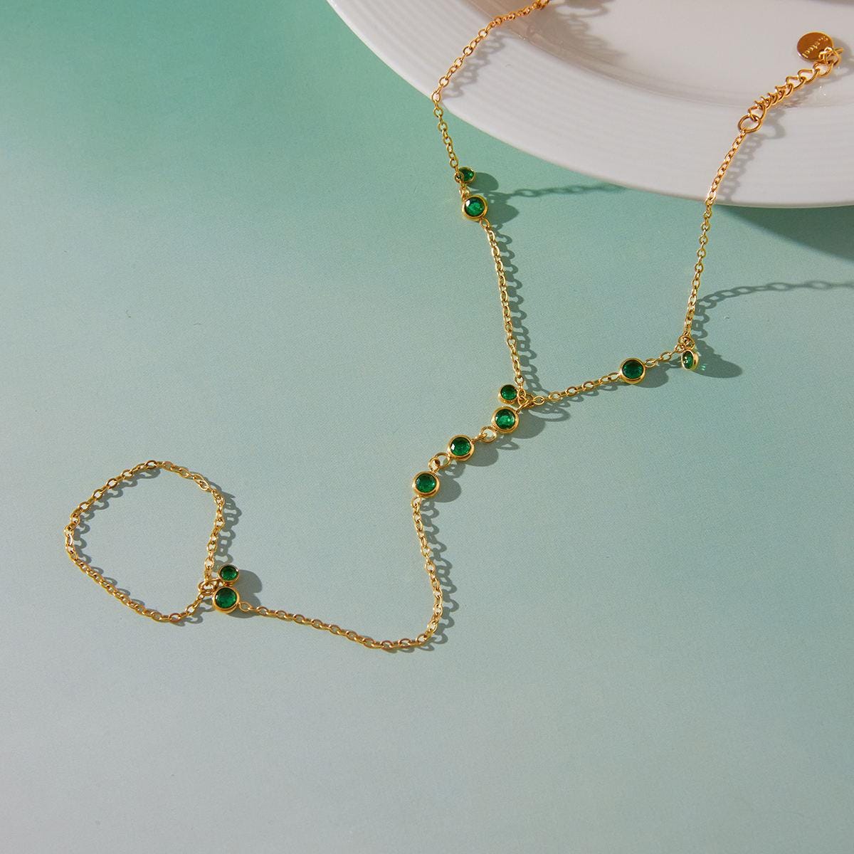 Gold Hand Chain Bracelet Ring for Women, Green Crystal Slave Bracelet, Finger Bracelet Ring Chain, Boho Hand Jewelry Gift for Her