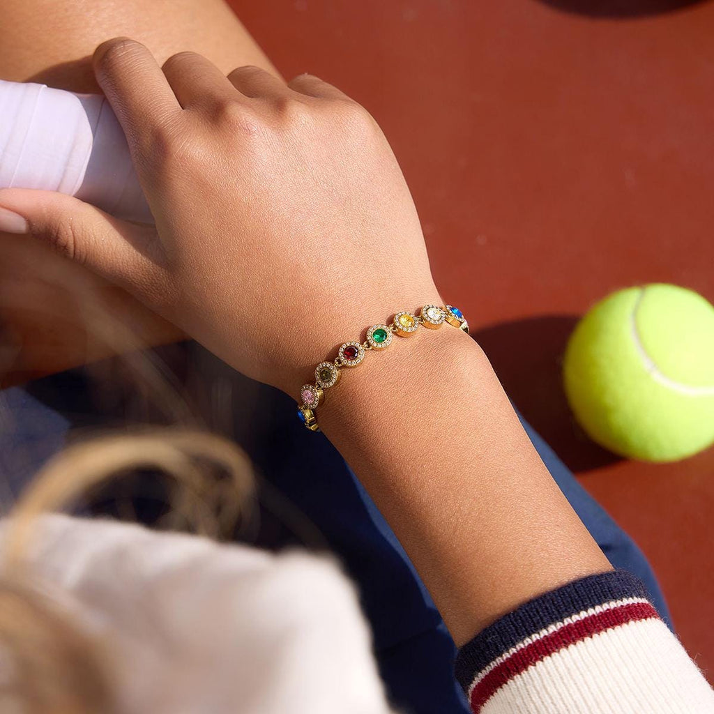Rainbow Crystal Tennis Bracelet, Gold Stainless Steel, Waterproof Jewelry
