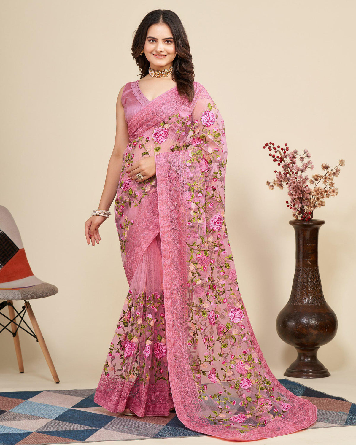 Soft Net Saree with Chikankari Embroidery, Wedding Festive Party Wear (Unstitched Blouse)