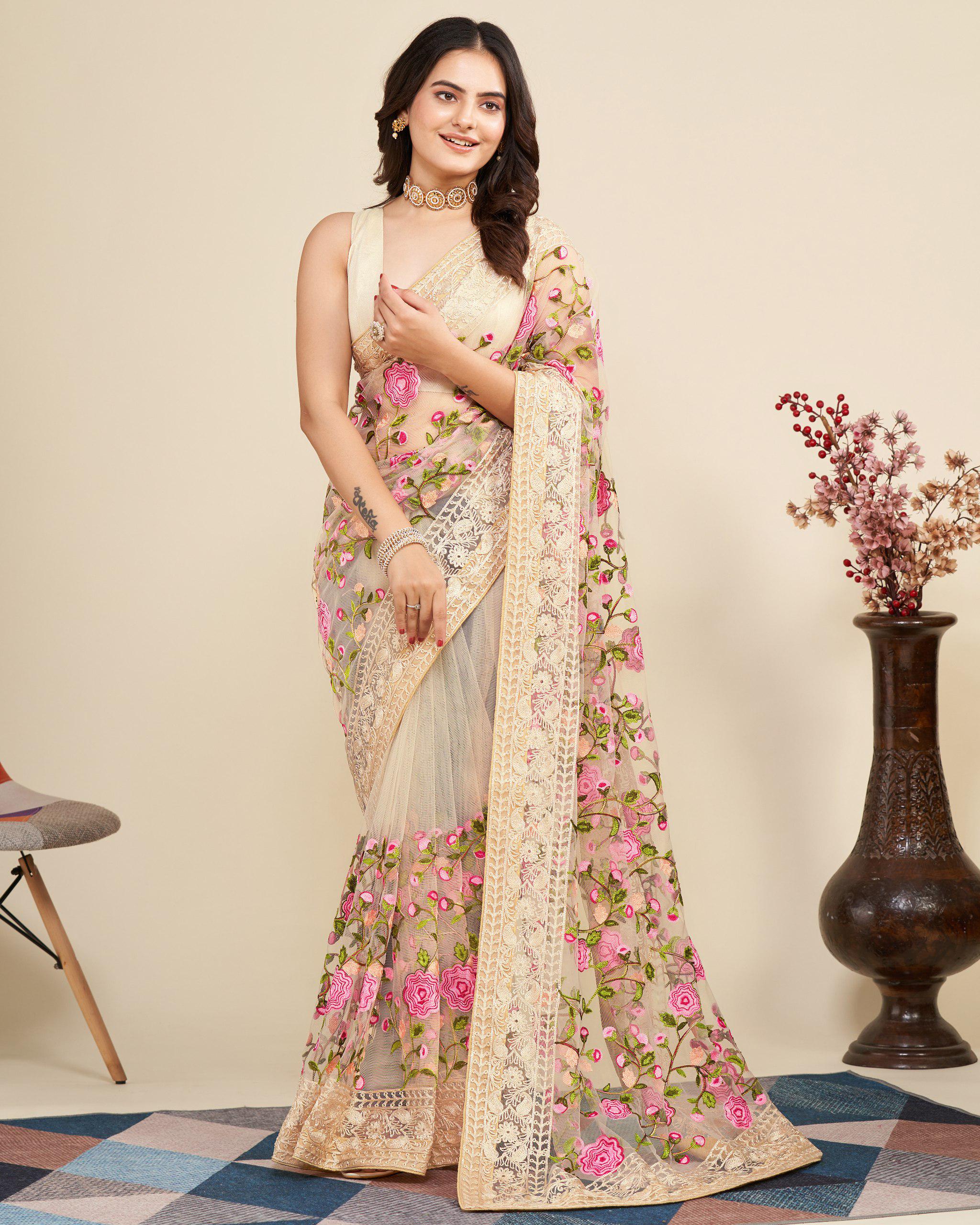 Soft Net Saree with Chikankari Embroidery, Wedding Festive Party Wear (Unstitched Blouse)