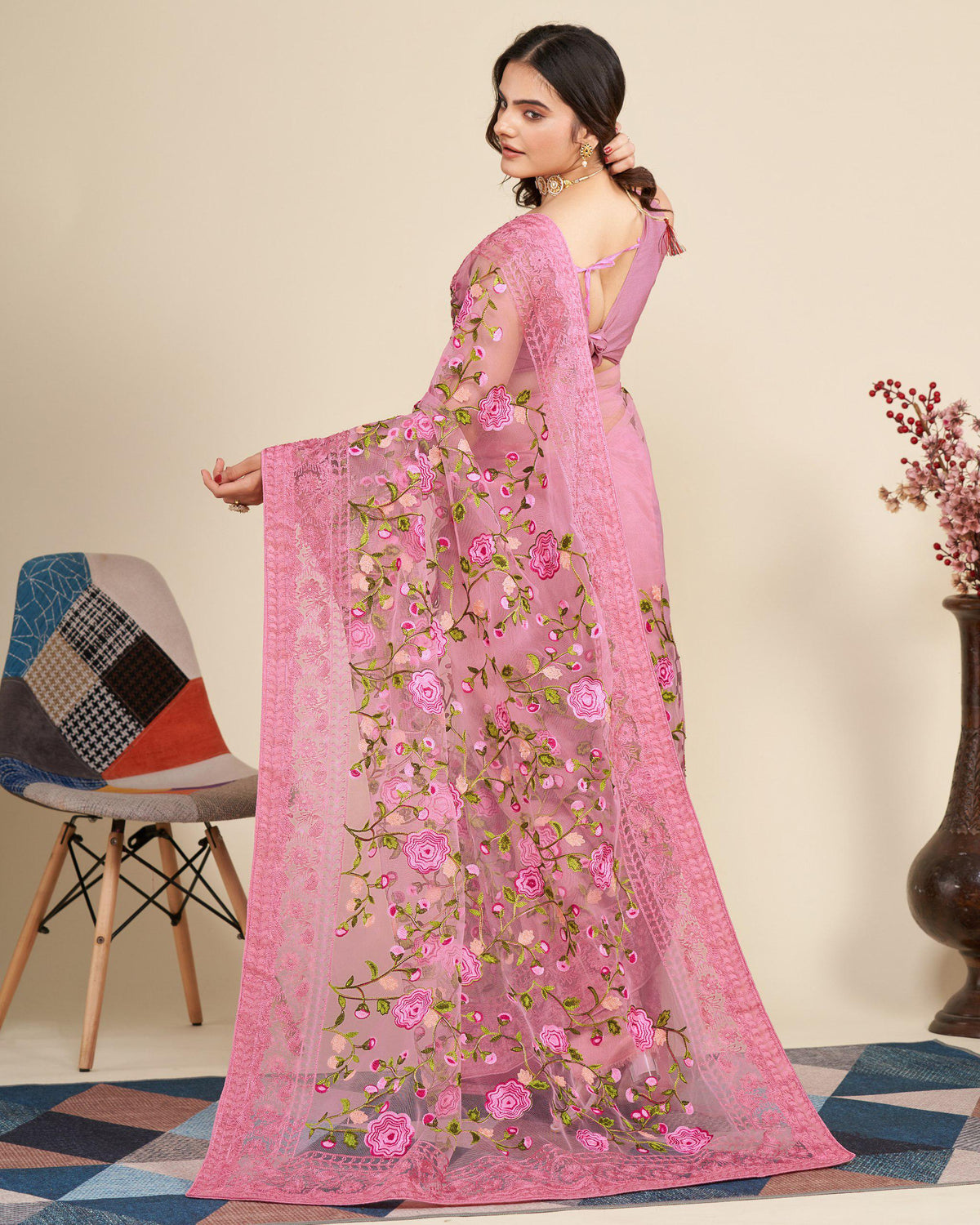 Soft Net Saree with Chikankari Embroidery, Wedding Festive Party Wear (Unstitched Blouse)