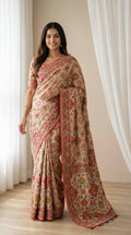 Roman Silk Ajrakh Saree, Real Mirror Work, Festive Wedding Wear, Ethnic Designer Sari