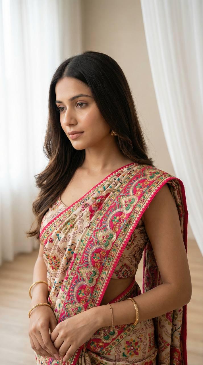 Roman Silk Ajrakh Saree, Real Mirror Work, Festive Wedding Wear, Ethnic Designer Sari