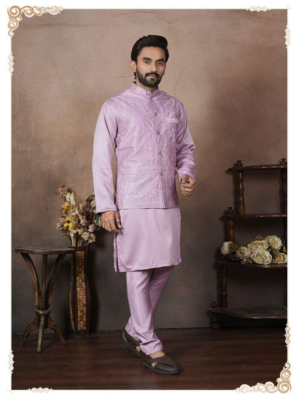Men's Malai Satin Kurta Koti Pyjama Set, Wedding Ethnic Party Wear