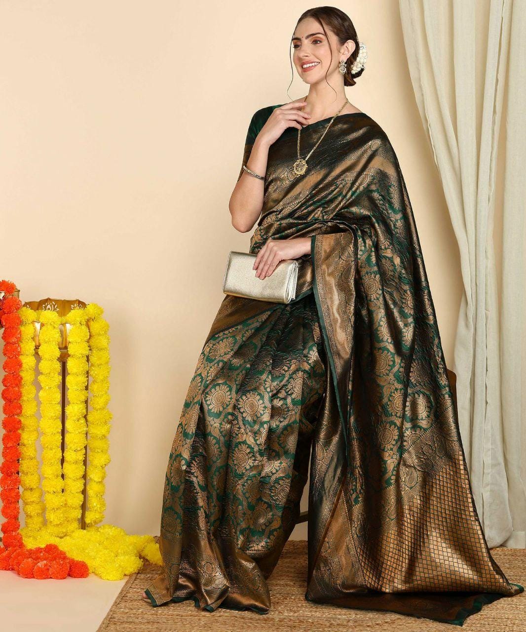 Banarasi Soft Silk Saree, Jacquard Border Blouse, Wedding Festive Indian Traditional Wear