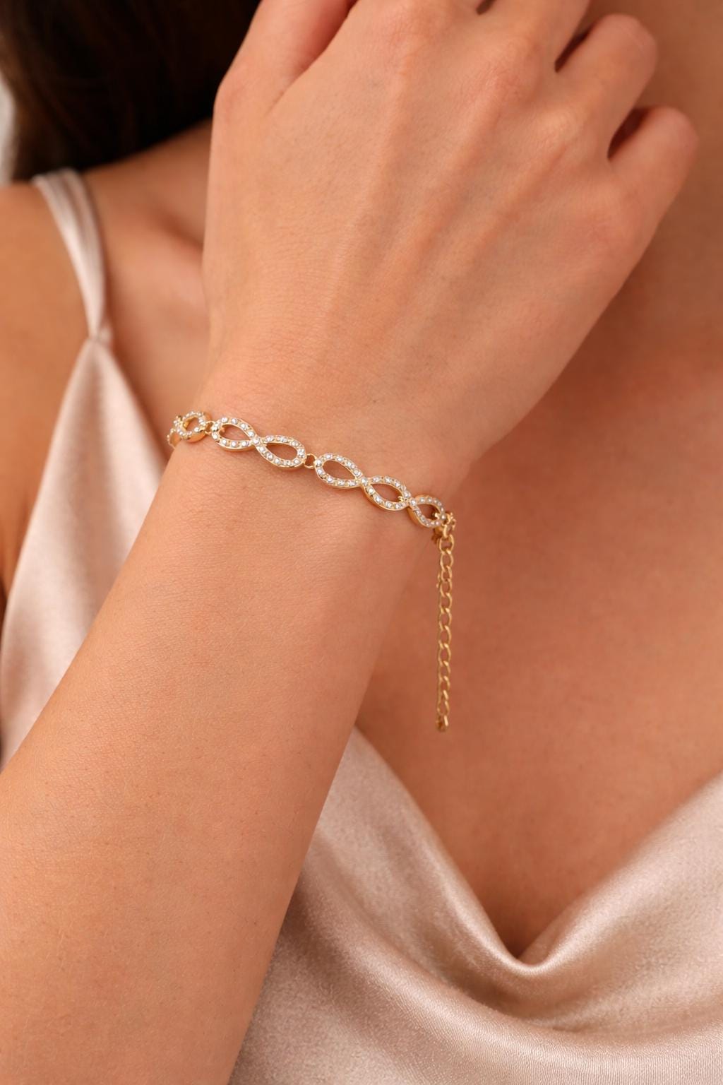 Gold Infinity Bracelet, Sparkling Crystal Accents, Stainless Steel, Adjustable Wrist Jewelry