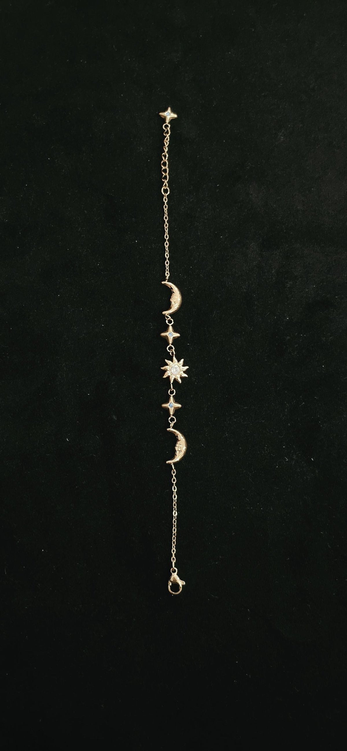 Gold Sun Moon Star Bracelet, Celestial Charm, Stainless Steel, Adjustable Astrology Jewelry