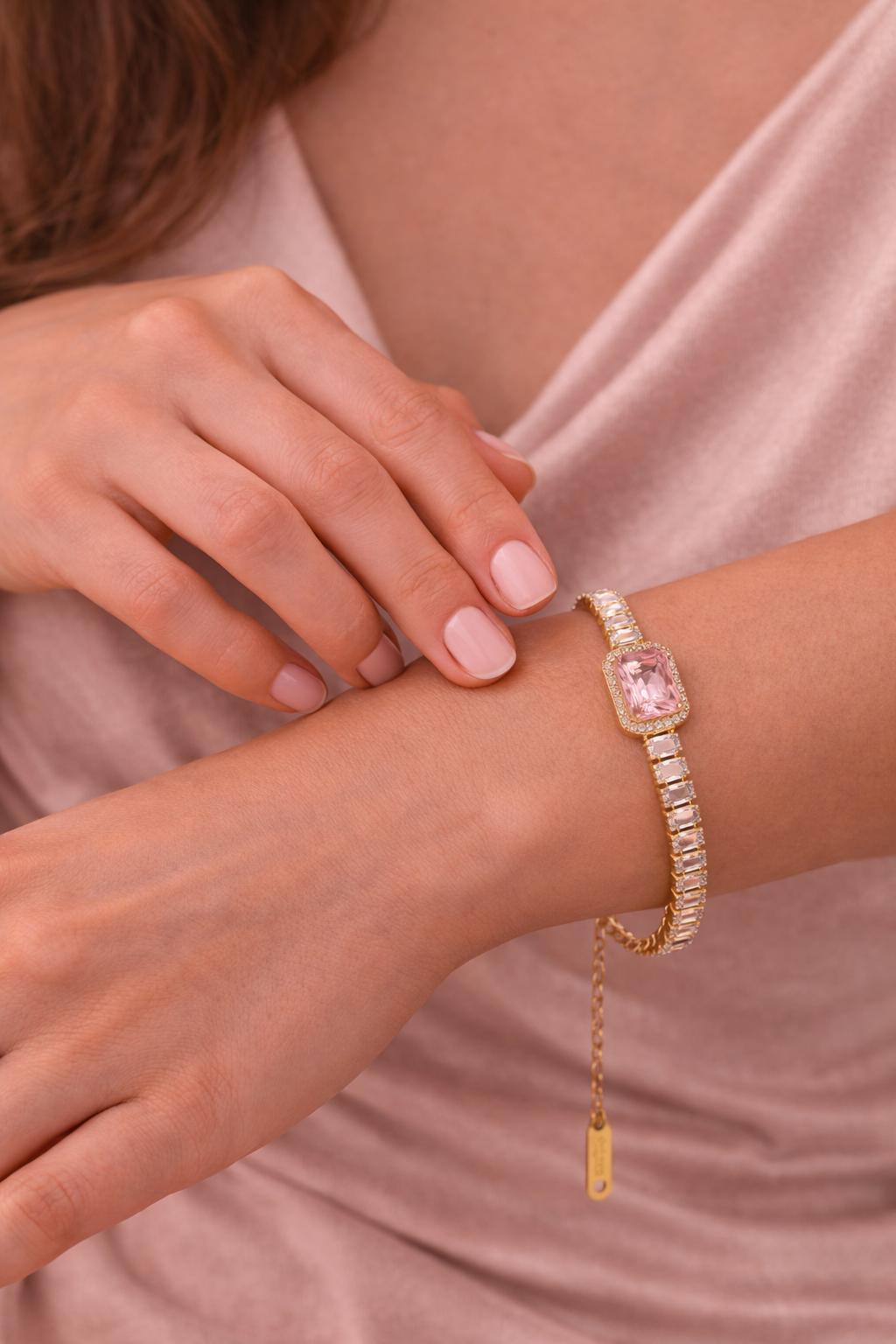 Pink Baguette Crystal Tennis Bracelet, Gold Stainless Steel, Waterproof Bridal Jewelry