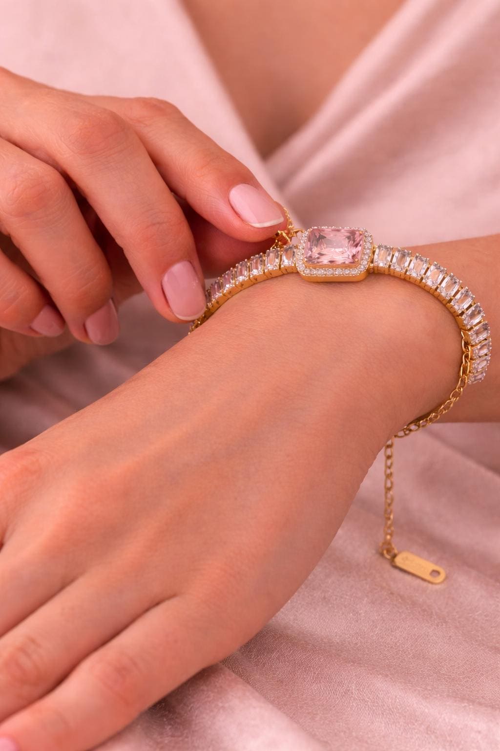 Pink Baguette Crystal Tennis Bracelet, Gold Stainless Steel, Waterproof Bridal Jewelry