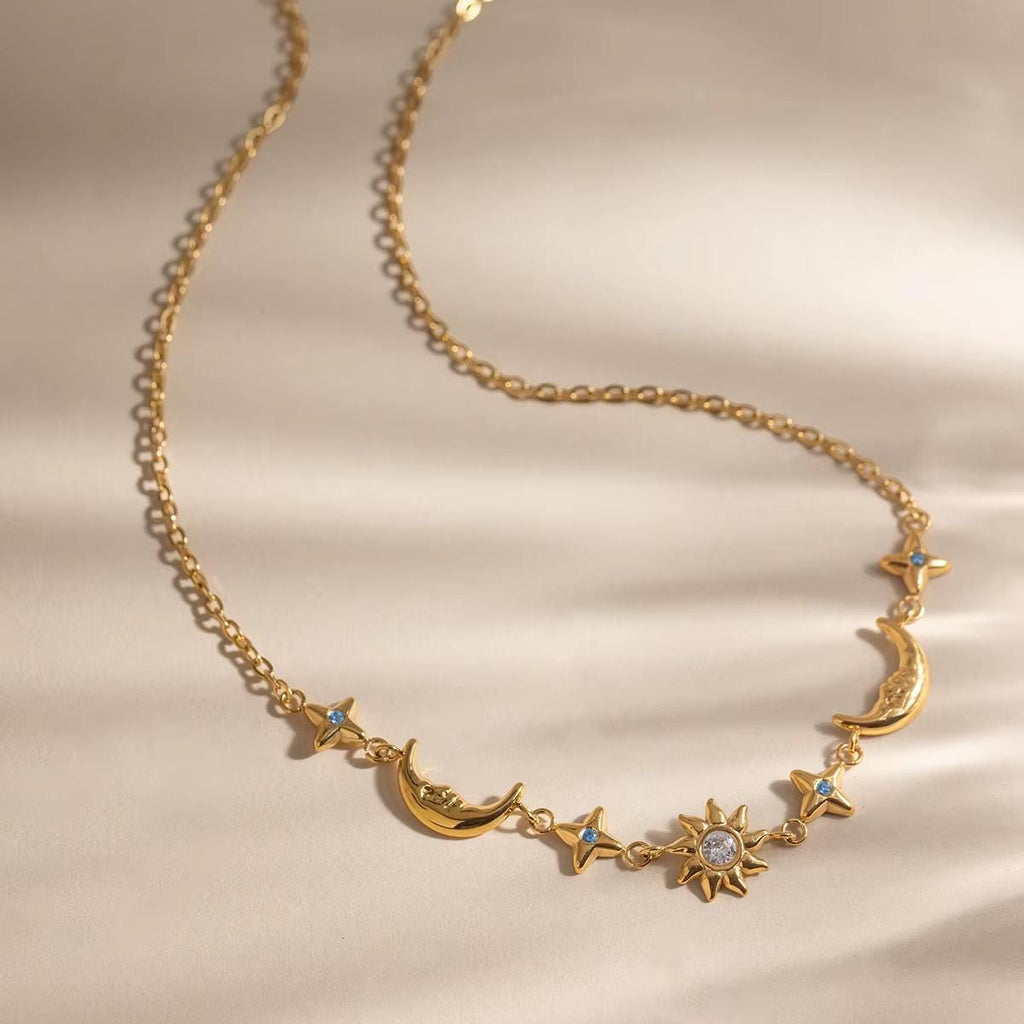 Gold Sun Moon Star Necklace, Celestial Charm, Stainless Steel, Waterproof Astrology Jewelry