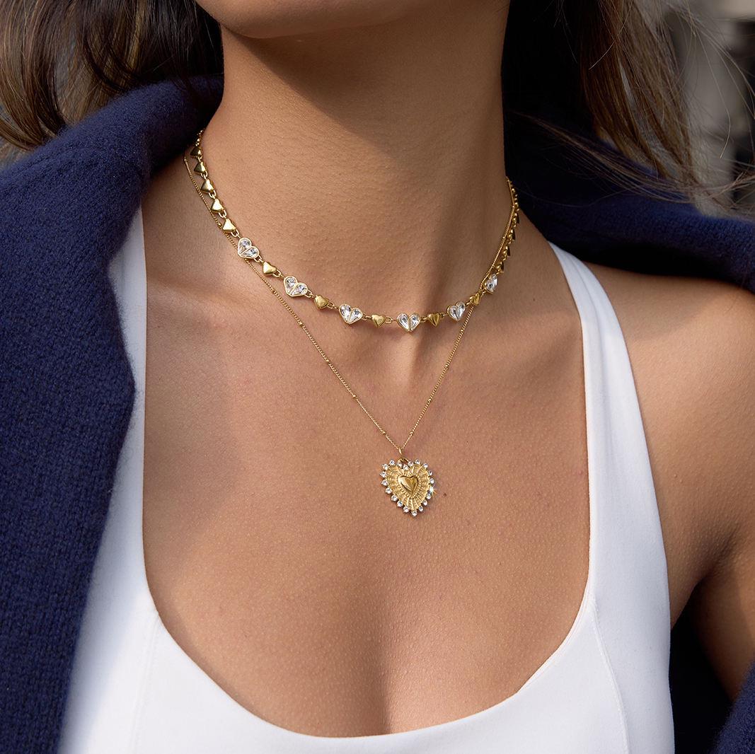 Gold Crystal Heart Choker Necklace, Dainty Stainless Steel Waterproof Jewelry