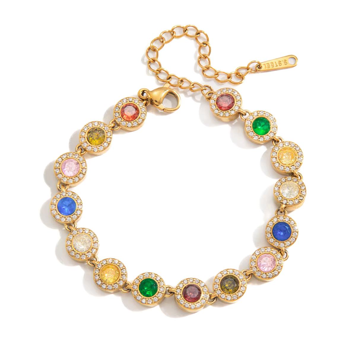 Rainbow Crystal Tennis Bracelet, Gold Stainless Steel, Waterproof Jewelry