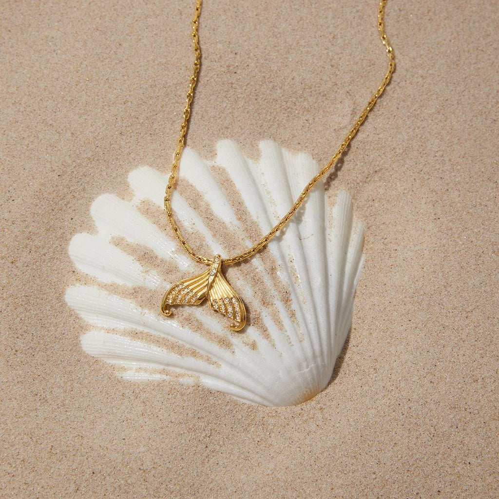 Gold Mermaid Tail Pendant Necklace, Ocean Inspired, Waterproof Stainless Steel, Beach Jewelry